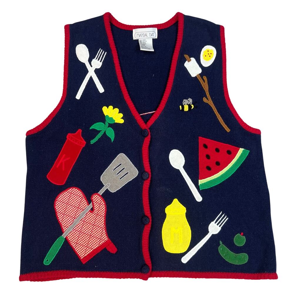 Vintage 80's 90's Mandal Bay Summer Picnic BBQ Themed Sweater Vest (Sz L)